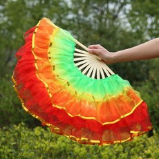 台灣發貨 【超5千回頭客】舞蹈扇子成人跳舞花扇廣場舞扇祖國頌兒童演出紗扇雙面扭秧歌扇子, 三層紗（綠+黃+紅）, 1個