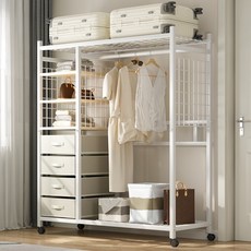 簡易鋼木組合衣櫃，家用卧室衣櫥，經濟型金屬框架，多層抽屜收納, 【組合款】118大號帶抽屜+褲架（白色送,組裝, 白色