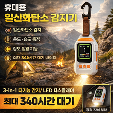 일산화탄소 감지기 CO 경보기 LED 디스플레이 온도 습도 모니터링 경보 알림 340시간 대기 휴대용 손전등 자석 부착 캠핑 가정용 안전 경보기, 흰색, 1