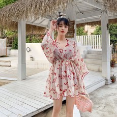 DFMEI 수영복 여자 3종 세트 비키니블라우스는 스파게티 코스튬이 넉넉하다., XL(110-120근 권장), 빨간색