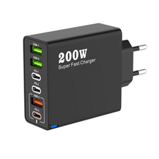 200W 접지 초고속 충전기 6포트 3USB+3PD 적용애플 아이폰 아이패드 삼성 갤럭시 픽셀 고속 전원 어댑터, 1개, 블랙