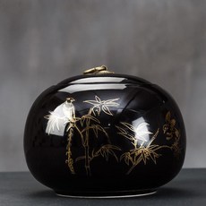 本町萌寵 禪意寵物骨灰罐 觀音荷花大小黑色密封防潮 貓咪狗狗火化收納墰罐, 1個, 竹報平安小號800ml