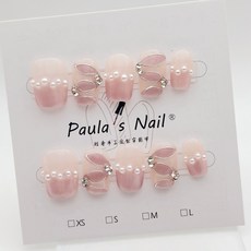Paula's Nail 法式飄帶貓眼純手工美甲穿戴甲, 1個, HNP031-短T,XS碼