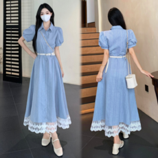 Asure 여성 레이스 반팔원피스 A라인 스트라이프 원피스 패션 휴양지원피스