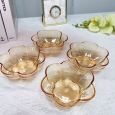 琥珀色花瓣玻璃碗 ins風家用 高顏值沙拉碗 甜品碗, 1個, 琥珀色花瓣碗4衹裝
