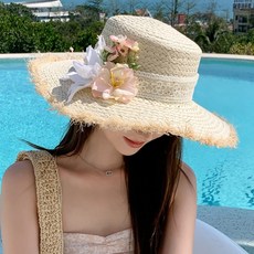 法式花朵草帽女夏季海邊度假大簷防曬遮陽帽沙灘帽新款網紅拍照帽, 米色