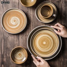 DFMEI 雲和堂ins日式餐具粗陶瓷牛排盤早餐盤米飯碗家用菜碗碟套裝 創意, 1個, 15.5CM直邊盤, 參考詳情