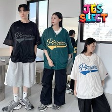 【JES】韓國美式V領棒球風短襯衫 球衣網眼 Players撞色字母貼布刺繡潮流情侶短袖襯衫