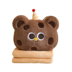 可愛卡通造型二合一抱枕被，多功能用途柔軟舒適居家辦公皆適用, 咖啡色餅乾熊