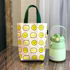 飲料提袋雙杯 雙杯飲料袋 飲料杯提袋 環保飲料袋 雙杯提袋 兩杯飲料袋 帆布飲料袋 雙享杯袋 簡約, 1個, 水杯袋-米色笑臉