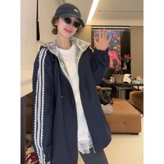 條紋蕾絲拼接連帽衝鋒衣外套