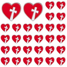 SUPERFINDINGS 30피스 하트 크로스 핀 벌크 레드 브로치 종교 기독교 에나멜 라펠 금속 배지 타이 교회 장례식 주일 학교용 선물 250766