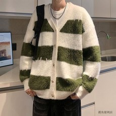 秋冬拼色條紋慵懶風毛衣開衫 復古情侶加厚保暖針織外套【臺灣出貨】