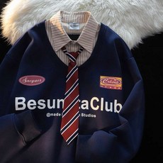 美式學院風POLO領帶假兩件衛衣男春秋薄款寬鬆韓系慵懶風長袖外套 男生衣服