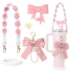 PEGYOU Pink Stanley 컵 액세서리 - 물병 손잡이 스트랩 리본 실리콘 빨대 커버 스탠리 887.2ml30온스 텀블러용 참 5개 핑크 161144