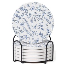 홀더가 있는 플로럴 블루 및 화이트 터 6종 세트 테이블 보호용 코르크 백이 흡수 세라믹 커피 장식, Blue and White