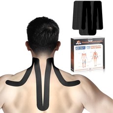 어깨와 목용 키네시올로지 테이프 12개 어깨 및 목 테이프 프리컷 KTQUICK 오리지널 면 방수 통기성 지지용 신축성 있는 운동학 운동 향상(블랙) 103377, Black, 1개