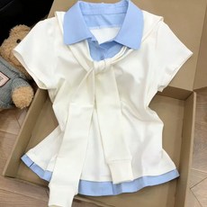 해피유통 여성 레이어드 카라 반팔 티셔츠 스카프 포인트 데일리 상의