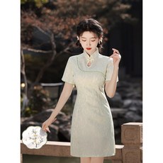 旗袍女新中式綠色短款禮服 - 宴會氣質改良款