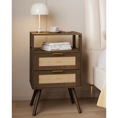 JOONEE 라탄 나이트스탠드 2개의 수납 서랍과 개방형 나무 선반이 있는 농가 침대 옆 테이블 침실 및 작은 공간 단단한 다리가 나이트스탠드회색 오크, 월넛 브라운