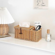 復古草編皮質桌面紙巾盒, 高檔仿藤編紙巾盒【25*13*10cm】