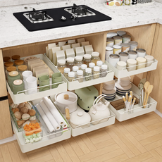 kemei 무타공 슬라이딩 수납선반 주방 싱크대 하부장 다용도 양념 정리대 접착식, 1개, 화이트