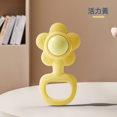 DFMEI 嬰幼兒牙膠可啃咬膠寶寶新生兒手抓握太陽花手搖鈴球早教磨牙玩具, 1個, 如圖, 帶環-太陽花軟膠【黃色】袋裝