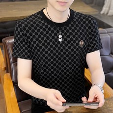 투니스 남성 빈티지 라운드넥 자수 아이스 실크 반소매 티셔츠