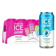 Sparkling Ice + 카페인 딸기 시트러스 스파클링 워터 항산화 물질 무설탕 473.2ml 16온스 캔 12팩 [호환], 카페인 버라이어티 팩 283974