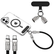 ANNIBER 휴대폰 핸드 스트랩 겸 PD 65W C to C타입 초고속 충전 케이블 2 in 1 충전 스트랩 폰 팔찌 케이블, 블랙, 1개, 30cm