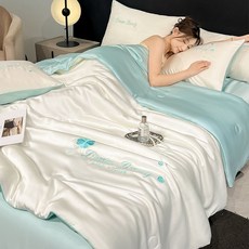 슬림소녀 여름 이불 얼음 실크 수놓음 세탁가능 얇은 여름용 침구세트, 클로버 아이보리블루 워싱실크