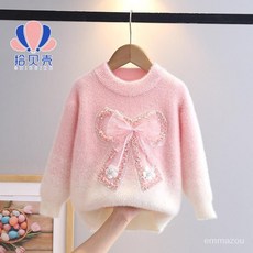 桃園出貨 女童毛衣秋冬裝2025新款兒童水貂絨洋氣蝴蝶結套頭保暖打底針織衫 0IPX