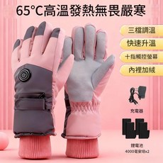 電熱手套 三檔控溫 全指手背發熱, 夢幻粉四電池款+充電器