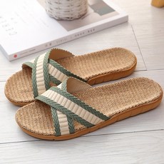 JUN팩토리 여성 남자 라탄 린넨 왕골 슬리퍼 골지엑스선 대나무 여름 실내 거실용 실내화, 그린, 1개