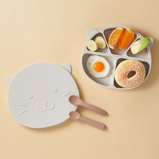 엘로니파파 실리콘 유아 이유식 식판 2종(바디+뚜껑)세트 아기식기, 2종 (바디+3구디바이더)세트, 라이트그레이