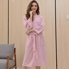 華夫格透氣睡袍 浴袍 晨袍 春夏季薄款 吸濕排汗 柔軟親膚, 粉色