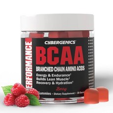 Cybergenics BCAA 젤리 전해질 분지 사슬 아미노산이 함유된 에너지 츄 마른 근육 생성 및 지구력 향상 베리 맛, 1개, 60
