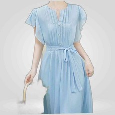 LETEO-협력업체 하늘거리는 러플 소매 허리 리본 쉬폰 원피스 상견례원피스 하객룩 오피스룩원피스 플레어원피스