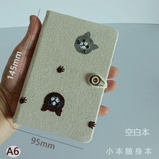 布藝刺繡記事本 貓咪圖案 A6隨身筆記本, 1個, A6米色貓咪空白本, 米色