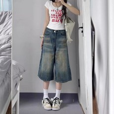 투니스 여성 빈티지 와이드 7부 데님 바지