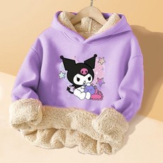 女童冬季加絨羊羔絨外套，庫洛米卡通印花套頭保暖上衣，兒童休閒百搭外套