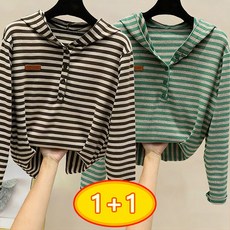 ORZQU 1+1 여성 봄가을 스트라이프 후드 맨투맨 이너 긴팔티 루즈핏 상의