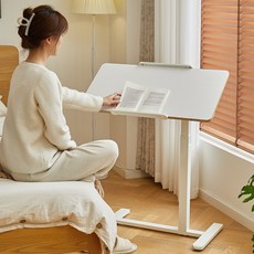 아우스 원목 FJ10 양방향 각도 높이 조절 테이블 사이드 테이블 접이식 유압식 이동식 사이드 테이블, 화이트