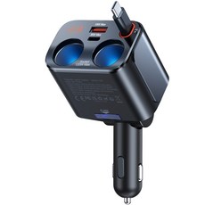 車用充電器擴充座 雙孔點菸器 內建伸縮充電線 PD/QC快充 電壓監測 90度旋轉, 黑色, C91