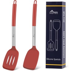 HOTEC 실리콘 주걱 세트 600F 내열성 및 BPA 프리 주방 삽툴라 터너 2종 스테인리스 스틸 손잡이 슬롯형 견고한 논스틱 조리기구용 13.7인치 블랙, Red