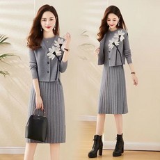 jieve 여성 가을 겨울 니트 투피스 세트 플라워 자수 포인트 슬림핏 A라인 원피스 SZ090221