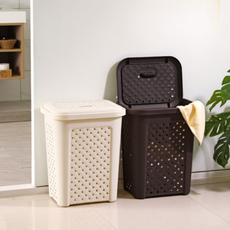 聯府 特大藤藝洗衣籃 掀蓋置物籃 日式藤紋洗衣籃 塑膠收納籃 田園風, 咖啡