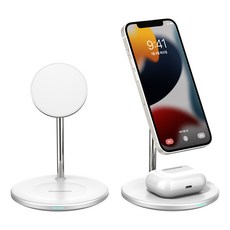 초텍 2in1 마그네틱 아이폰 에어팟 갤럭시 무선충전기, 화이트 T581-F