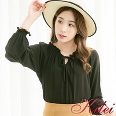 【Kilei】一字領綁蝶結鬆緊袖口素面上衣-知性黑 (XA3916)全尺碼, 知性黑