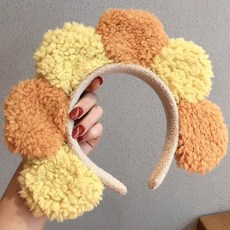 【】羊羔毛彩色髮箍少女可愛搞怪寬邊壓髮洗漱毛絨太陽花洗臉頭飾髮卡 QD7F, F026-4#黃色系, 1個
